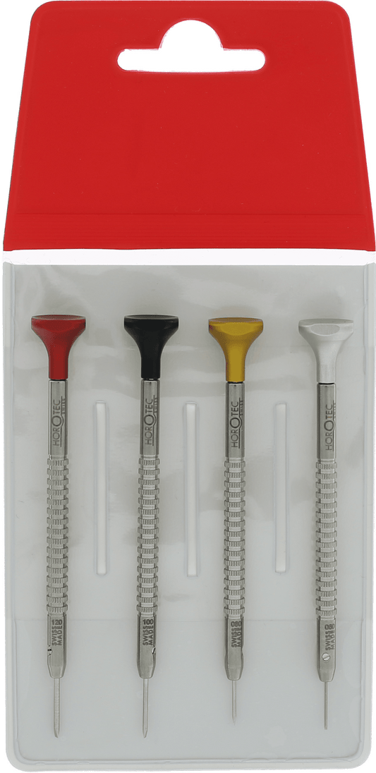 Conjunto de 4 chaves de fenda para relojoeiro em estojo plástico – Ø 0,60-0,80-1,00-1,20 mm