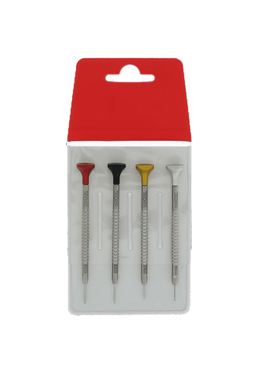 Conjunto de 4 chaves de fenda para relojoeiro em estojo plástico – Ø 0,60-0,80-1,00-1,20 mm